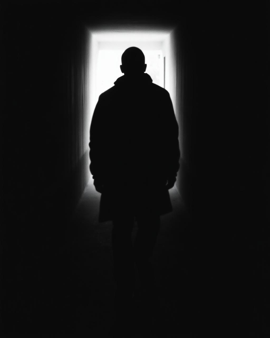 Silhouette marchant vers la lumière dans un couloir